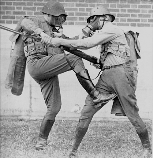 World war II. Hand to hand combat (spike kick to groin)